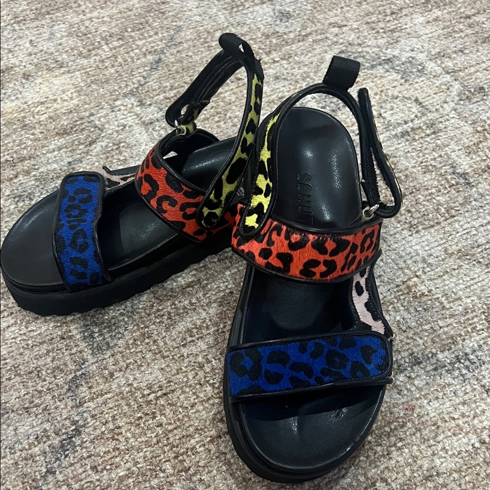 SCHUTZ Black Sandals with Yellow Leopard Accents